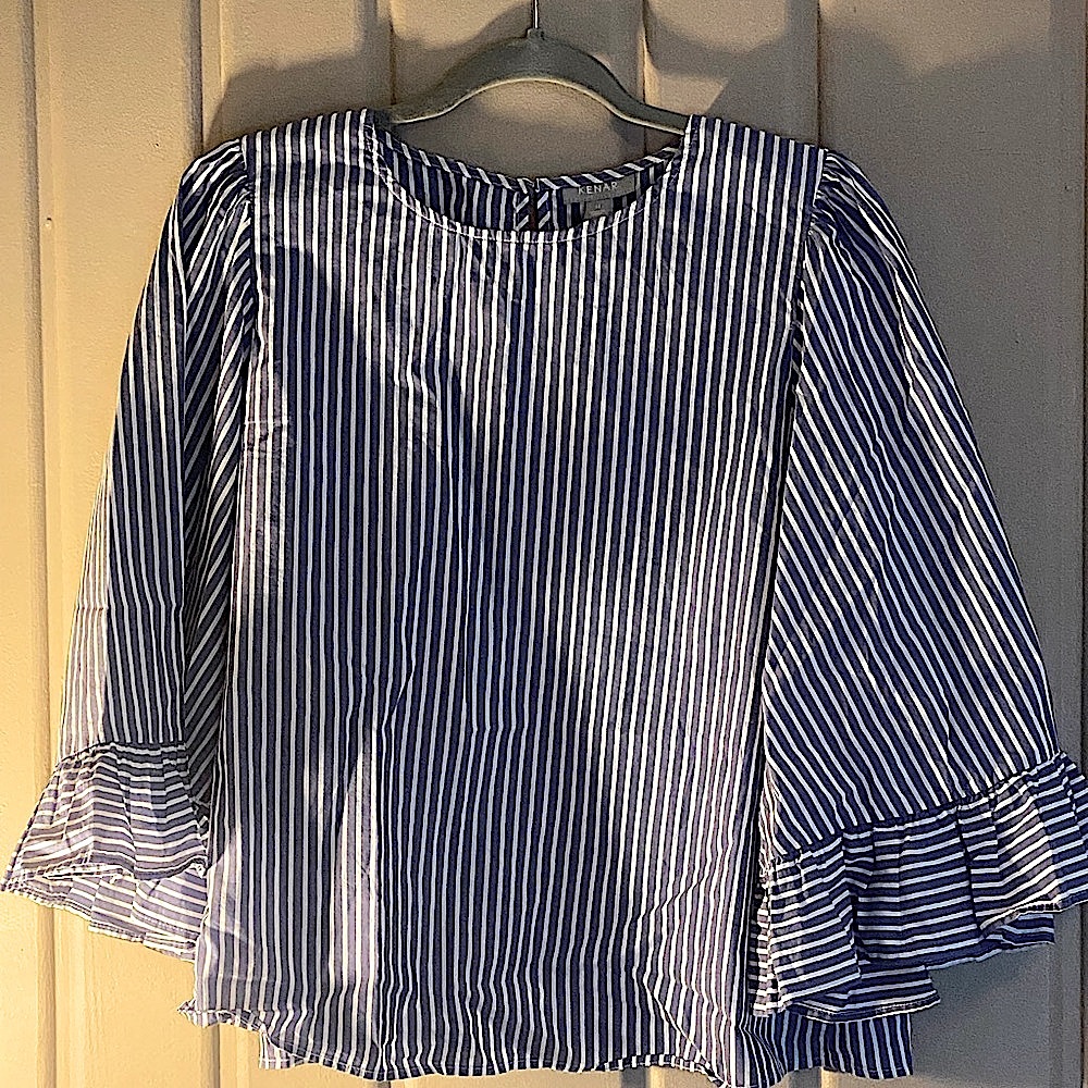Kenar Blue and White Striped Top with Ruffles